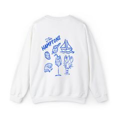 The perfect sweatshirt for a girls trip or your bachelorette in the Hamptons! Perfect for the Montauk Bride! Bride sweatshirt with illustrated with a beach theme- illustrated shells, lobster, aperol spritz, and a sail boat crewneck.  This sweatshirt features a hand-drawn design by illustrator @NounNewYork. Make your bride and bridal party feel extra special. The perfect gift.    Ideal for any situation, a unisex heavy blend crewneck sweatshirt is pure comfort. These garments are made from polyester and cotton. This combination helps designs come out looking fresh and beautiful. The collar is ribbed knit, so it retains its shape even after washing. There are no itchy side seams on these sweaters.  .: 50% cotton, 50% polyester Bachelorette Crew Neck Sweatshirts, Montauk Bachelorette Party, Montauk Bachelorette, Hamptons Bachelorette Party, Bachelorette Sweatshirts, Mexico Bachelorette, Fiesta Shirt, Summer Sweatshirt, Bride Sweatshirt