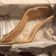 Clear Heels, Brand New, Never Been Worn. Trendy Beige Block Heel Heels, Trendy Cream Block Heel Shoes, Trendy Cream Heels With Padded Heel, Trendy Cream Block Heel Heels, Trendy Beige Block Heel, Trendy Cream Block Heels, Trendy Beige Block Heels, Trendy Cream Low Heel Heels, Trendy Beige Closed Toe Heels