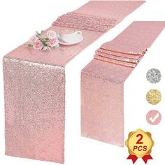 pink sequin table runner with rose centerpieces and matching napkins, 2 pcs