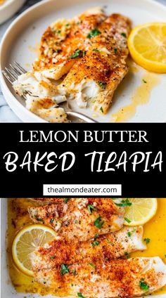 lemon butter baked tilapa on a white plate