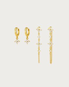 This Earrings set contains 1 x Clover Mini Hoop Earrings, 1 x Gold Clover Drop Earrings Materials: Clover Mini Hoop Earrings - 18k gold plated brass, cubic zirconia; Gold Clover Drop Earrings - 18k ﻿gold plated sterling silver, cubic zirconia Measurements: Clover Mini Hoop Earrings - 20mm/0.8" in length, 11mm/0.4" in w En Route Jewelry, 19th Birthday, Romantic Jewellery, Heart Hair, Mini Hoop Earrings, Clover Earrings, Zircon Jewelry, Lucky Clover, Silver Pieces