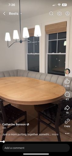 an image of a dining room table and couches in the living room with text on the screen