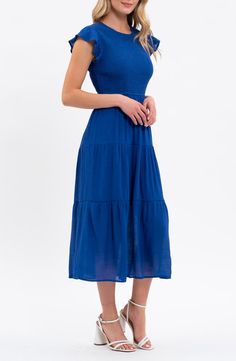 Blu Pepper Flutter Sleeve Smocked Tiered Midi Dress | Nordstromrack Casual A-line Midi Dress With Smocked Back, Solid Ruched Tiered Midi Dress, Ruched Tiered Midi Dress, Casual A-line Maxi Dress With Smocked Back, Solid Color Tiered Midi Dress With Smocked Back, Tiered Midi Dress With Smocked Bodice, Casual Smocked Maxi Dress With Ruched Bodice, Fit And Flare Midi Dress With Smocked Bodice, Casual Smocked Empire Waist Dress