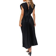 Black All-over Pleated V Neck Zip Midi Dress Elegant Black Pleated Maxi Dress, Elegant Black Pleated Dress For Spring, Black Midi Dress With Pleated Back For Evening, Spring Black Maxi Dress With Pleated Back, Black Evening Midi Dress With Pleated Back, Black Midi Pleated Dress, Black Pleated Dress For Formal Spring Occasions, Black Pleated Evening Dress For Summer, Black Pleated Evening Dress For Spring