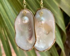 Oyster Shell Earrings, Dangle Earrings, Coastal Jewelry, Handcrafted Jewelry - Etsy Handmade Shell Earrings For Wedding, Shell Shaped Pearl Earrings For Gift, Pearl Shell Earrings Perfect For Gifts, Pearl Shell Earrings For Gift, Handmade Ocean-inspired Pearl Earrings For Gift, Handmade Shell-shaped Pearl Earrings For Gifts, Shell Earrings With Pearl Charm Gift, Handmade Shell Pearl Earrings For Gift, Pearl Charm Shell Earrings Gift