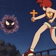 a cartoon character is holding a cross in her hand