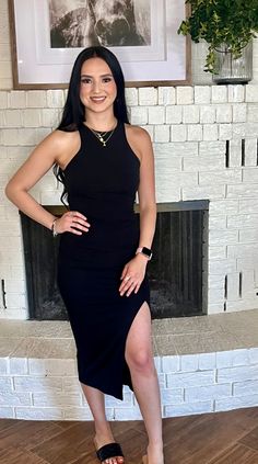 Sleeveless round neck ribbed midi dress with a front slit Black Tank Dress Outfit, Tank Dress Outfit, Tank Dresses Outfit, Sleeveless Black Dress, Dress With Split, Black Tank Dress, Ribbed Midi Dress, Home Dress, Black Sleeveless Dress