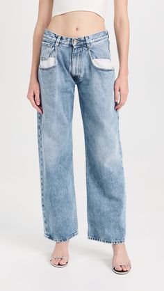 Find MAISON MARGIELA Straight Jeans With Contrast Pockets on Editorialist. Fabric: Mid-weight, non-stretch denim. Pleated front. Fading and whiskering. Button closure and zip fly. 5-pocket styling. Shell: 100% cotton. Hand wash. Made in Italy. Measurements: Measurements from size 36 Rise: 9.75in / 25cm Inseam: 30in / 76cm Leg opening: 18in / 46cm Designer Denim Bottoms With Pockets, Designer Wide Leg Denim Jeans, Designer Denim Blue Bottoms, Latest Jeans, Carpenter Jeans, Cut Jeans, Baggy Jeans, Pocket Jeans, Women Denim Jeans