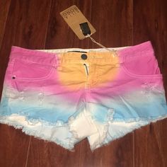 Adorable Tie Dye Shorts With Fringe At The Bottom :) Perfect For Festivals, Coachella, Concerts! Size 7 Nwot! Open To Offers! Colorful Summer Shorts For The Beach, Blue Jean Shorts For Beach Season, Colorful Summer Beach Shorts, Beach Stretch Cotton Jean Shorts, Pink Jean Shorts For Beach In Summer, Summer Stretch Color Block Bottoms, Pink Color Block Bottoms For Vacation, Pink Jean Shorts For Summer Beach, Multicolor Beachy Shorts