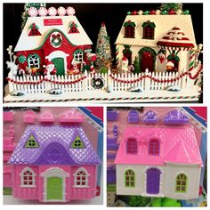 three different pictures of christmas houses with trees and snowmen on the top one is pink, white and green