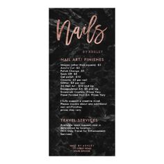 a black marble business card with the words nails written in copper foil on it, along with information about nail art finishes