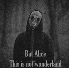 a person wearing a gas mask with the words, but alice this is not wonderlandland