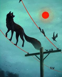 a painting of a dog on a wire with birds flying around