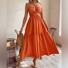 Great Condition Bought It For A Bachelorette Trip And Didn’t End Up Wearing It. Brand New! Beautiful Orange Color!! Orange Floor-length Beach Dress, Orange Maxi-length Sundress For Summer, Summer Orange V-neck Beach Dress, Orange V-neck Maxi Dress For Beach, Orange Sleeveless Tie-back Maxi Dress, Shein Dress, Bachelorette Trip, Halter Neck, Orange Color