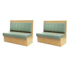 two wooden benches sitting next to each other on top of a white floor with green cushions