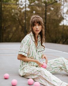 Tennis Time Pajama Pants Set Pajama Set Printed Pajamas Women, Playful White Pants For Loungewear, Cotton Matching Set Sleepwear For Pajama Party, Trendy Cotton Pajama Party Sets, Cotton Letter Print Pajama Party Sets, Wfh Loungewear, Playful Cotton Pajama Sets, Playful Printed Sleep Sets, Cotton Pajamas Women