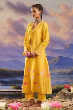 Yellow chanderi silk jacket with floral and zari embroidery. Comes with pant and a inner. - Aza Fashions Unstitched Silk Anarkali Set For Spring, Spring Silk Unstitched Anarkali Set, Festive Silk Outerwear With Chikankari Embroidery, Unstitched Anarkali Set With Gota Work For Spring, Silk Outerwear With Resham Embroidery For Designer Wear, Spring Silk Embroidered Anarkali Set, Spring Embroidered Silk Anarkali Set, Silk Bandhgala With Dupatta And Long Sleeves, Spring Floral Embroidered Cotton Silk Anarkali Set