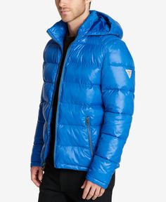 Warm and lightweight, this essential bomber jacket from Guess offers all-weather protection and features a removable hood for added versatility. Blue Puffer Jacket Outfit, Puffer Jacket Outfit Men, Puffer Jacket Outfits, Jacket Outfit Men, Puffer Jacket Outfit, Blue Puffer Jacket, Blue Puffer, Guess Men, Jacket Outfit