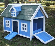 a blue and white dog house with steps leading up to it's door, in the grass