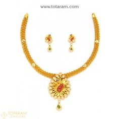 22K Gold Necklace Sets -Indian Gold Jewelry -Buy Online Gold Necklace Sets, India Necklace, 22 Carat Gold Jewellery, Indian Gold Jewelry, 22k Gold Necklace, Temple Jewelry Necklace, Stone Necklace Set, Baby Necklace, Necklace Set Indian