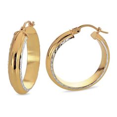 These classic 18k gold over sterling silver hoop earrings feature a shimmering diamond cut texture on the edges in silver to give more interest. These hoops can be worn everyday and matched with any outfit. Size: one size. Gender: female. Age Group: adult. Shiny Hoop Huggie Earrings For Anniversary, Small Hoop Diamond Cut Earrings For Anniversary, Anniversary Huggie Hoop Earrings With Shiny Finish, Anniversary Hoop Earrings With Shiny Finish, Cadmium-free Small Hoop Jewelry For Anniversary, Sterling Silver Hoop Earrings, Sterling Silver Hoops, Silver Hoops, Silver Hoop Earrings