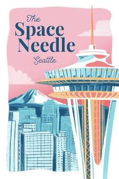 the space needle seattle poster is shown in pink and blue colors with an image of the space needle