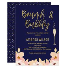 the brunch and bubbly baby shower is shown in navy blue with pink flowers