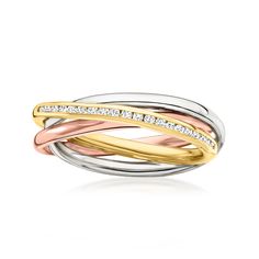 Ross-Simons - .20ct t. w. Diamond Multi-Row Ring in Tri-Colored Silver. Size 7. Our stylish tri-colored sterling silver multi-row ring gives the look of three perfectly polished bands of sterling silver, 18kt rose gold over sterling silver and 18kt yellow gold over sterling silver with .20 ct. t. w. diamonds for a dazzling dash of sparkle. 3/16" wide. Diamond multi-row ring. Diamond birthstones are the perfect gift for April birthdays. Rolling Ring, Black Diamond Earrings Studs, Black Diamond Studs, Diamond Birthstone, Gold Cross Pendant, Diamond Cross Pendants, Diamond Rings Bands, Diamond Stone, Diamond Earrings Studs