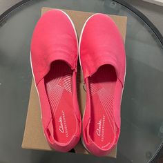 Size 12w Color Coral Brilliant Pink Casual Walking Shoes With Rubber Sole, Casual Pink Walking Shoes With Rubber Sole, Pink Spring Walking Shoes With Cushioned Footbed, Comfortable Pink Sneakers For Spring, Casual Pink Slip-ons For Spring, Casual Pink Low-top Slip-ons, Casual Pink Slip-on Sneakers For Spring, Pink Slip-on Walking Shoes For Spring, Casual Pink Round Toe Slip-ons