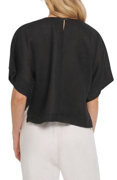 A boxy fit keeps this breezy linen blouse ultra-relaxed, while a trendy cropped hem makes it perfect for pairing with high-rise bottoms. Jewel neck Elbow-length sleeves 100% linen Machine wash, tumble dry Imported Linen Tops, Drop Shoulder Top, Black Kimono, Linen Blouse, Neck Crop Top, Jewel Neck, Kimono Sleeve, Elbow Length Sleeve, Linen Top