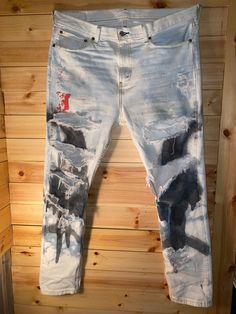 Custom acid wash 510 Levi blue jeans. Size 38 waist and 32 length. Pitbull art under right pocket. Holy pants. 1 of 1. Pitbull Art, 1 Of 1, Mens Denim Short, Acid Wash, Ripped Jean, Pitbull, Blue Jeans, Mens Jeans, Favorite Outfit