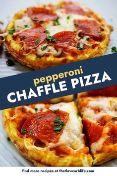 there are four different types of pizzas on the table with text overlay that reads, pepperoni chaffle pizza