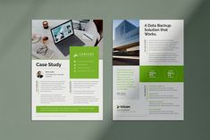 two green and white brochures are shown on a gray background, one has a laptop