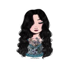 a drawing of a woman with long black hair and tattoos on her chest is shown