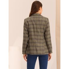 Pump up your power suit look with this plaid Blazer. Classic plaid pattern with notched lapel and one button closure blazer. Cut a little long to look great over midi skirts or skinny jeans. Pair with jeans for a casual look, or pair it with a smart midi skirt for a boss lady vibe. All prepped up for the coming season, this classic blazer is loaded with styling options. Plaid Blazer With Lapel Collar And Button Closure, Trendy Fitted Plaid Blazer, Business Casual Plaid Blazer With Button Closure, Fitted Plaid Blazer With Double Button Closure, Plaid Blazer With Button Closure For Workwear, Fitted Plaid Outerwear For Office, Casual Plaid Blazer With Button Closure, Casual Plaid Blazer For Office, Casual Single Breasted Plaid Blazer