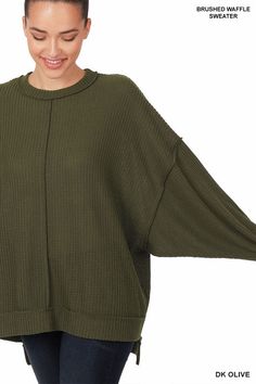 Give your comfy clothing an instant upgrade with the addition of this oversized soft sweater completed with exposed seams and a hi low hem. Features: Exposed seam details, hi low hem Material: 97% polyester, 3% spandex Stretch: Moderate stretch Care: Machine wash cold. Tumble dry low. Made in Vietnam Style #HTL-2192 Product Measurements Total body length: 26.5"(front), bust: 58" approx. Measured from S/M Waffle Sweater, Sweater Oversize, Chic Sweaters, Cozy Chic, Kids Outfits Girls, Romper Dress, Fashion Updates, Sweater Weather, Comfy Outfits