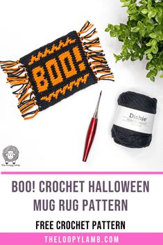 the boo crochet halloween mug rug pattern is next to yarn and a ball of yarn