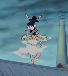 an animated image of two people on top of a building