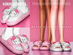 two pictures of hello kitty slippers with pink bows on the bottom and one has white shoes