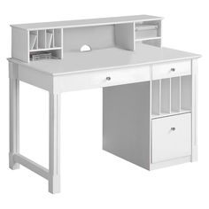 a white desk with two drawers and a shelf