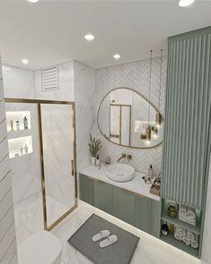 a bathroom with marble walls and flooring is shown in this artist's rendering