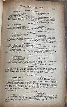 an old recipe book is open to show the ingredients and instructions for making pies