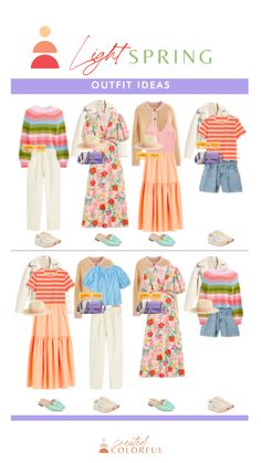 Spring Outfit Colorful, Spring Color Pallete Outfits, Spring Color Season Outfits, Light Spring Style, Light Spring Palette Outfits, Light Spring Fall Wardrobe, Light Spring Outfits Capsule Wardrobe, Hoc Spring Color Outfits, Colorful Capsule Wardrobe 2023