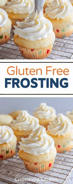 gluten free frosting is being used to decorate cupcakes with icing