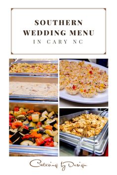 the cover of southern wedding menu in caryng, featuring different types of food and dishes