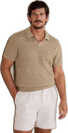 Casual Johnny Collar Polo Sweater For Summer, Casual Summer Polo Sweater With Johnny Collar, Casual Beige Short Sleeve Polo Sweater, Beige Short Sleeve Casual Polo Sweater, Beige Short Sleeve Polo Sweater With Ribbed Collar, Summer Knit Polo Sweater With Ribbed Collar, Classic Summer Polo Sweater With Seamless Collar, Summer Linen Polo Shirt With Polo Collar, Summer Knit Polo Shirt With Ribbed Collar