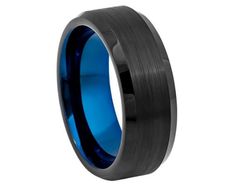 a black and blue wedding ring with an inlay