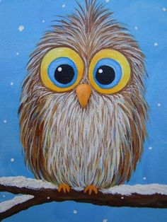 a painting of an owl sitting on a tree branch with snow falling around it's eyes