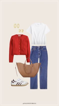 Fall outfits, fall ootd, fall outfit ideas, fall cardigans, red cardigan, adidas sambas, amazon fall bags, abercrombie jeans, plain white tee, gold jewelry, LTK, pinterest aesthetic, fall aesthetic, fall fashion Red Cardigan Fall Outfit, Outfits With Red Cardigans, Cardigan 2024 Trend, How To Style Red Cardigan, Red Cardigan Outfit Fall, Cardigan Outfit 2024, Red Tshirt Outfit Women, Red Cardigan Outfit Aesthetic, Fitted Cardigan Outfit