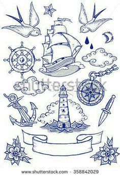 an anchor, ship, compass and other marine related items in blue ink on a white background